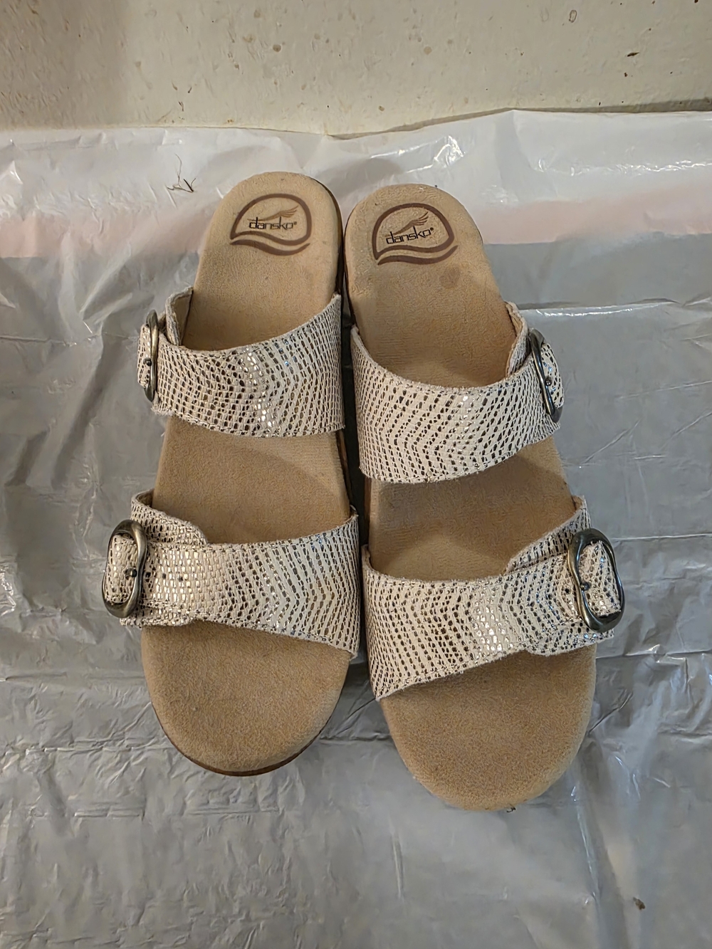 Dansko Women's Leather Beige Metallic Two-Strap Slide Sandals